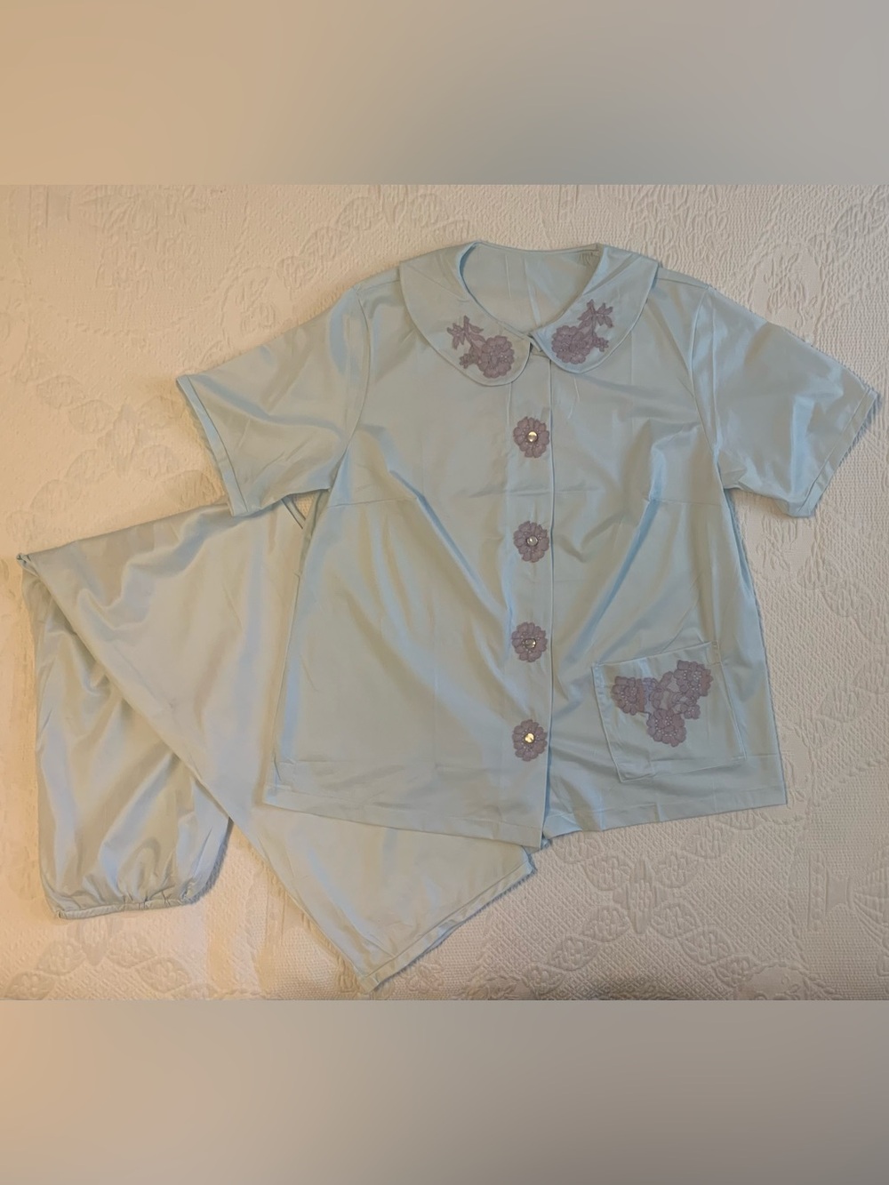 Vintage NWOT 1960s Mistee Pastel Blue Nylon Pajama Set Large Cottagecore